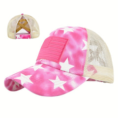 Tie Dye Ponytail Trucker Hat Star Print Mesh Baseball Cap Embroi