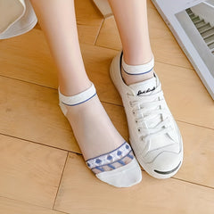 5 Pairs Striped Mesh Socks Comfy & Breathable Sheer Short Socks