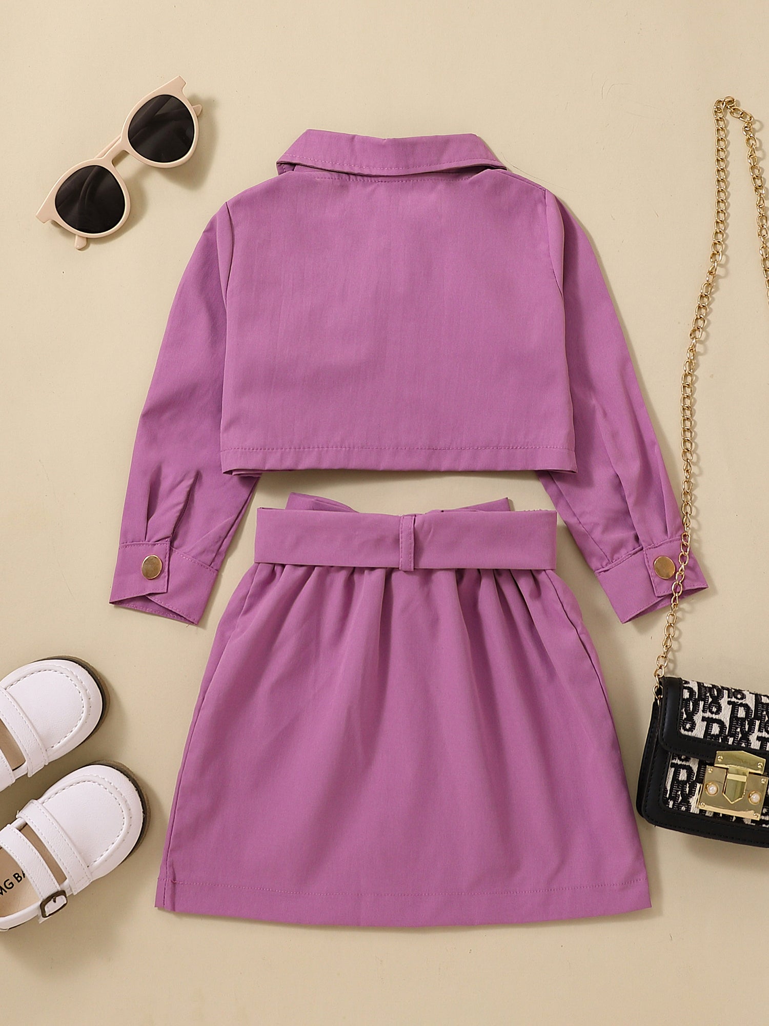 Girls Long Sleeve Top & Skirt Set with Belt