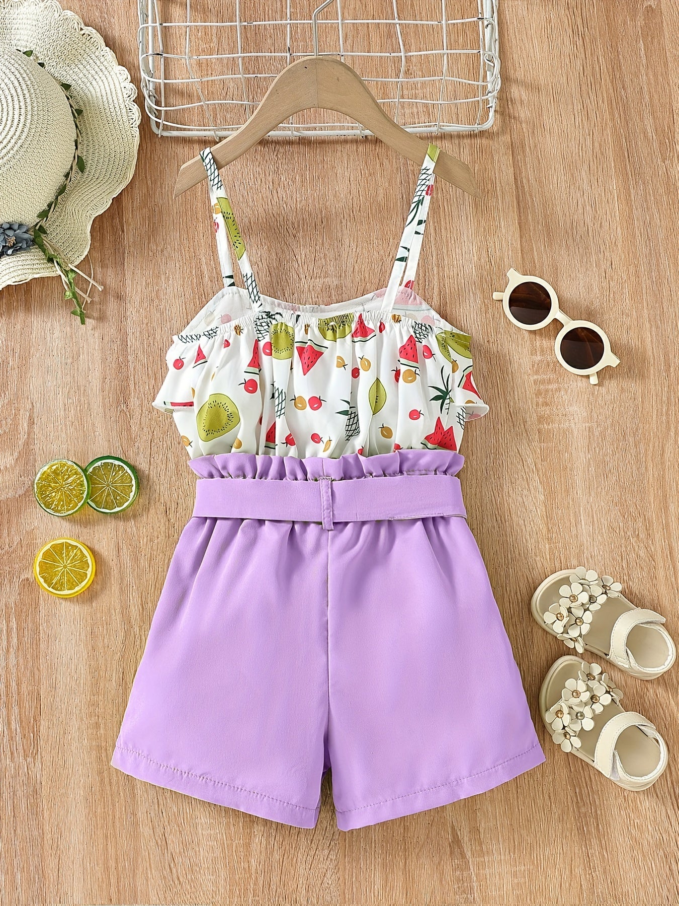 Girls Fruit Print Ruffle Cami Tops And Shorts Set