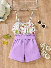 Girls Fruit Print Ruffle Cami Tops And Shorts Set