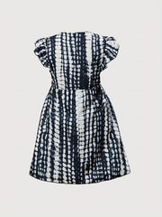  Tie Dye Stripe Print Ruffle Sleeve V Neck Dress