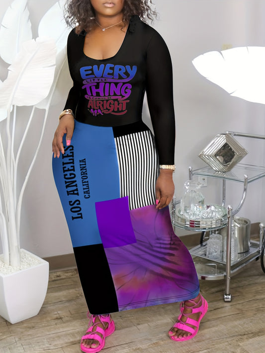  2 Piece Set Colorblock Slogan & Stripe Print Top & Maxi Skirt