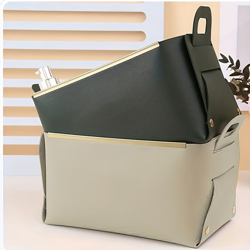 Desktop PU Leather Storage Basket Foldable Storage Box With Handle