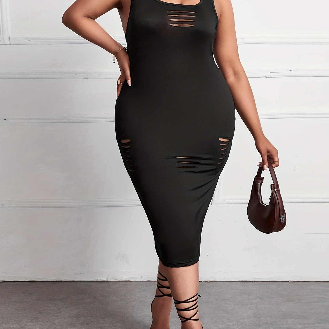  Sexy Tank Dress Women's Plus Solid Ripped Square Neck Semi Sheer
