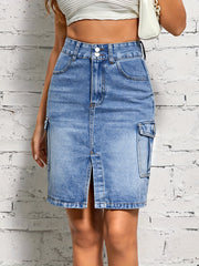 Cargo Denim Skirt Double Button Split High Waist