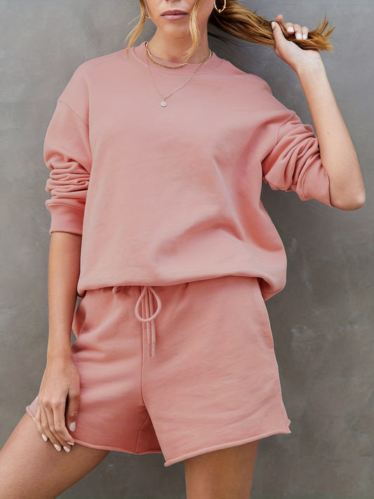 Casual Two Piece Set Long Sleeve Sweatshirt & Shorts Outfits