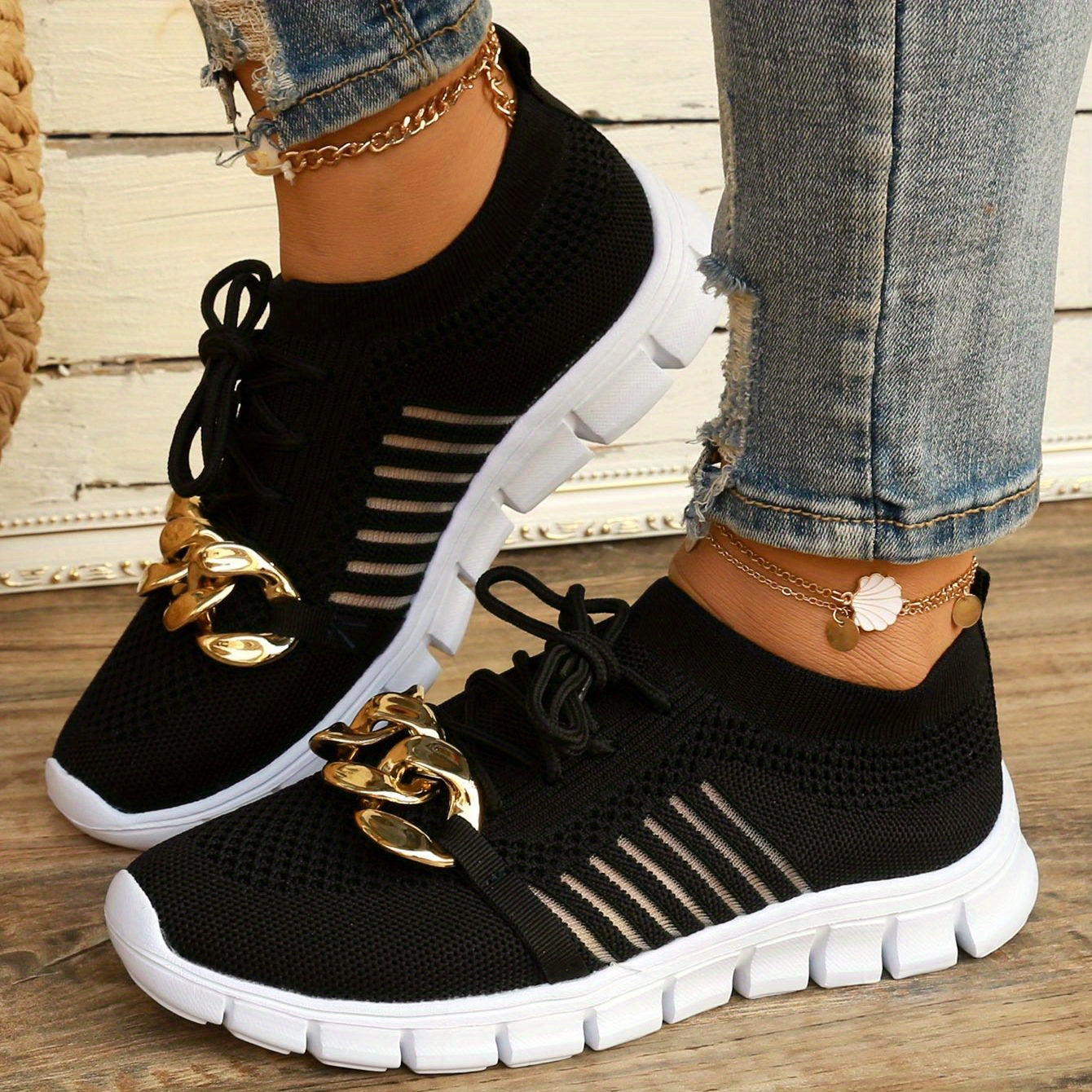 Women's Knit Sports Shoes with Metallic Chain Decor