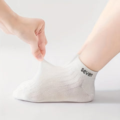 5 Pairs Kids 'Seven' Print Ankle Socks Boys Girls Thin Cotton Striped Boat Socks