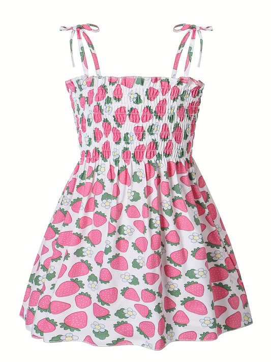 Toddler Girls Strawberry Fruit Graphic Frill Trim Shirred Bow Shoulder Princess
