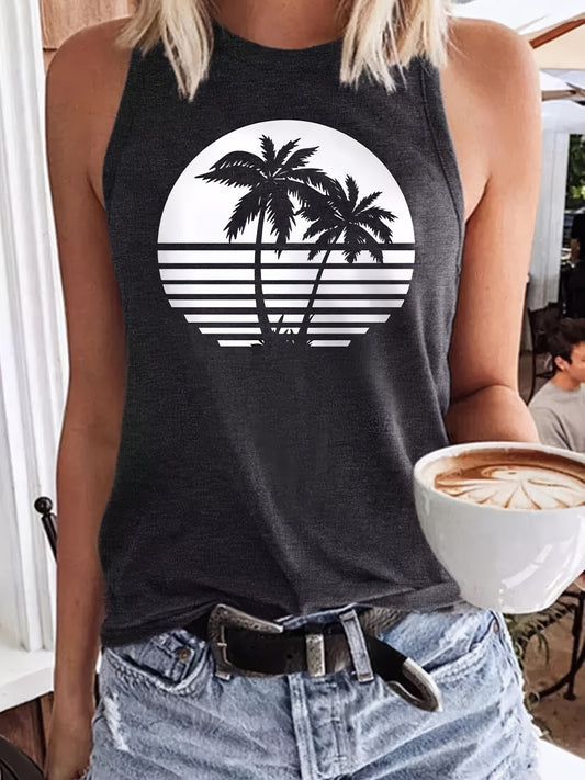 Coconut Tree Print Tank Top Crew Neck Summer Sleeveless Tank