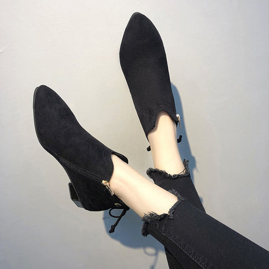 Women's Chunky Heeled Suede Ankle Boots Solid Short Boots