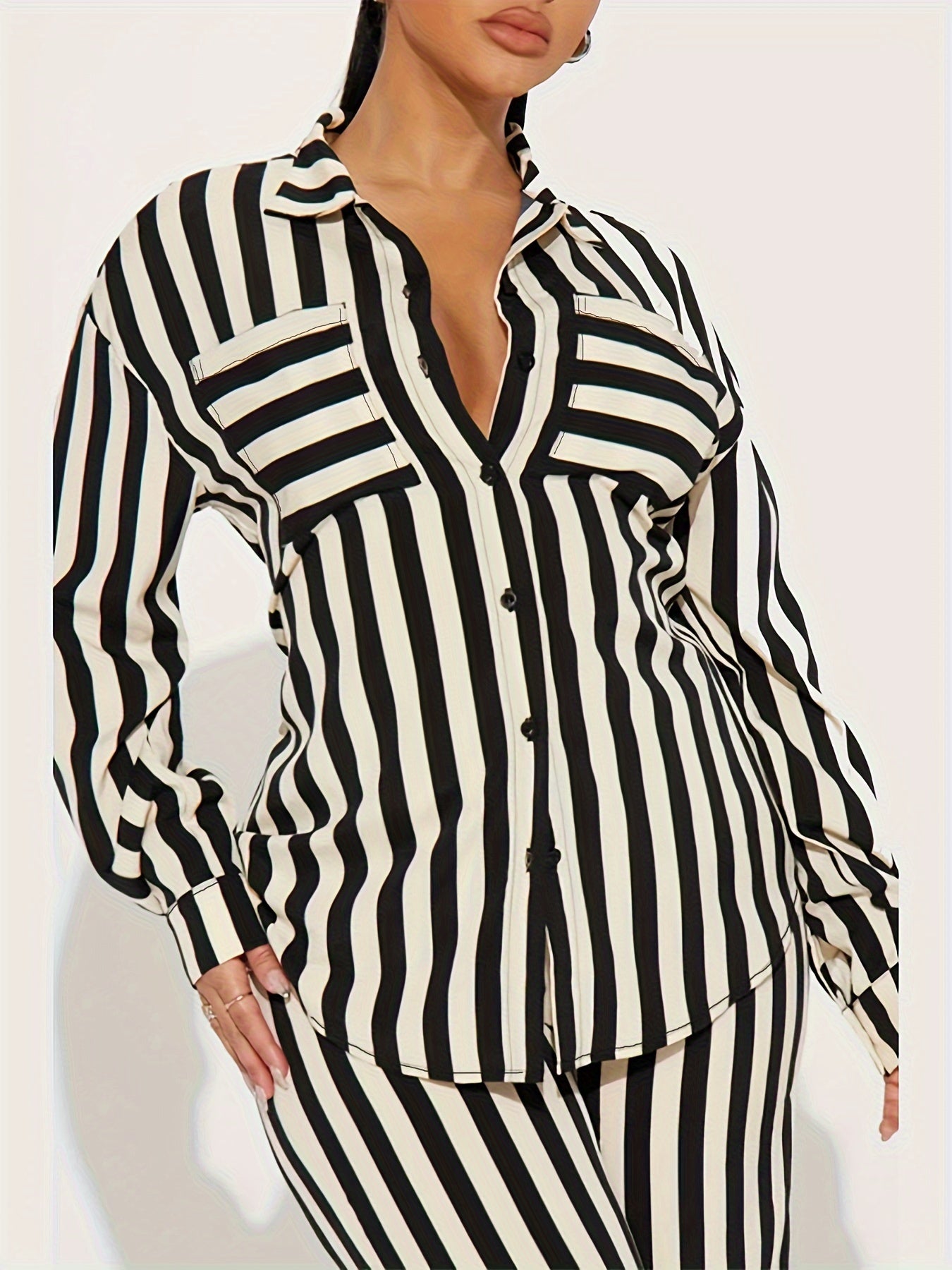  Stripe Print Blouse & Pants Outfits 2 Piece Set