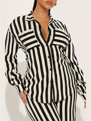  Stripe Print Blouse & Pants Outfits 2 Piece Set