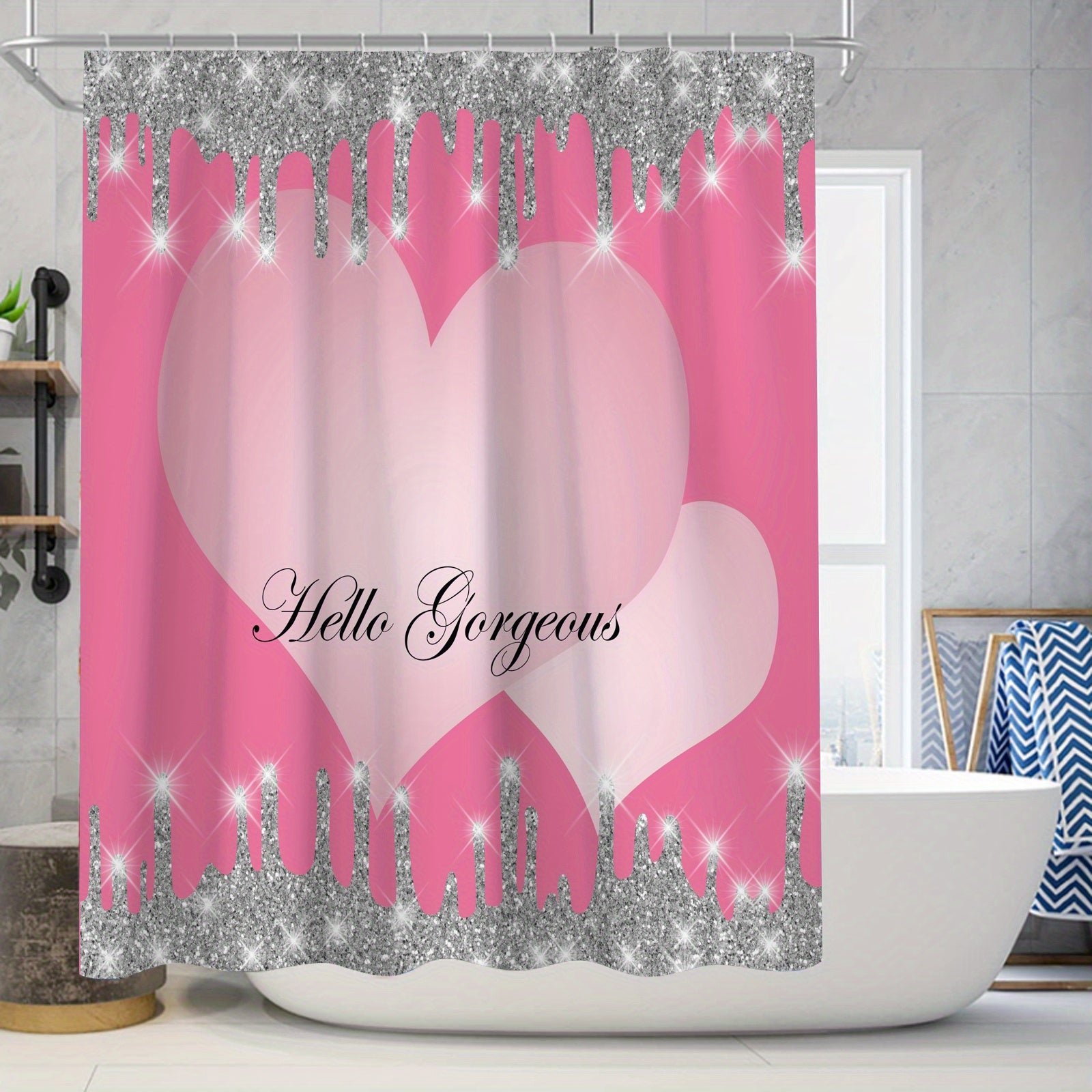 Sparkling Shower Curtain Set with Bath Mat and Hooks, 71x71 In