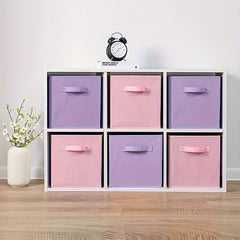 6pcs Fabric Drawer Storage Box Pink Purple Foldable Bin with Handle