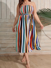  Stripe Print Shirred Stretch Midi Dress