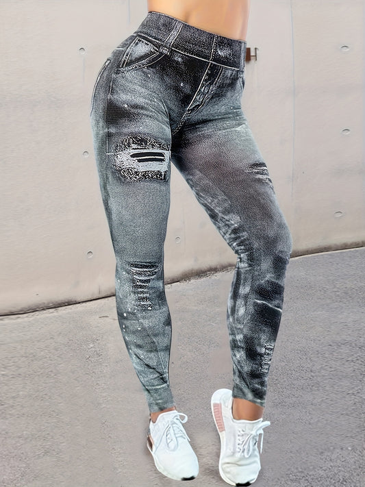 Denim Stretch Leggings Tummy Control Butt Lifting Workout Yoga Pants