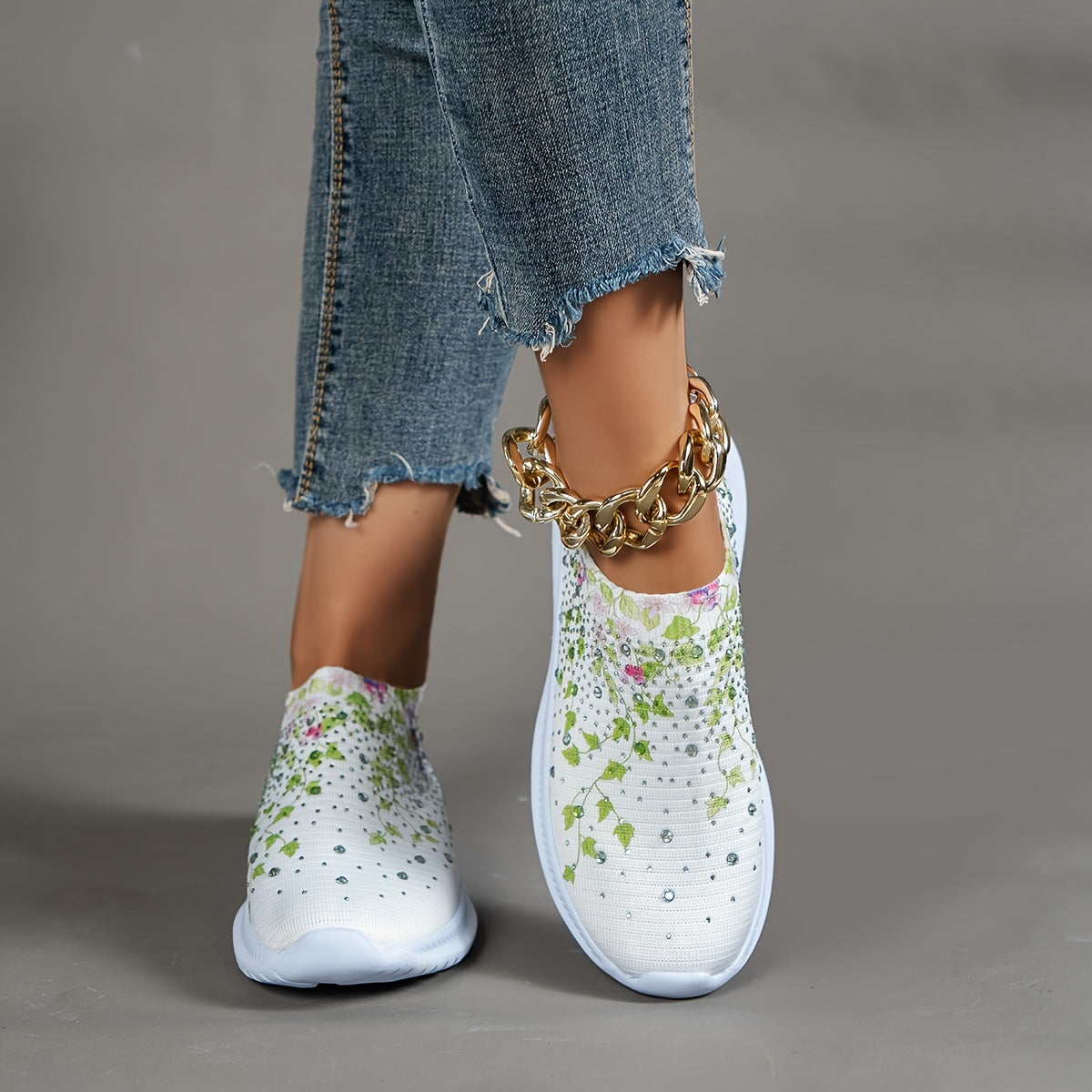Women's Floral Pattern Rhinestone Tennis Sports Shoes