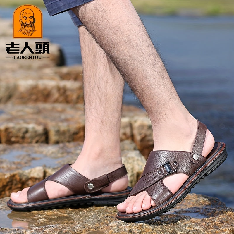 LAORENTOU Men's Leather Non Slip Sandals Comfy Beach Shoes Summer