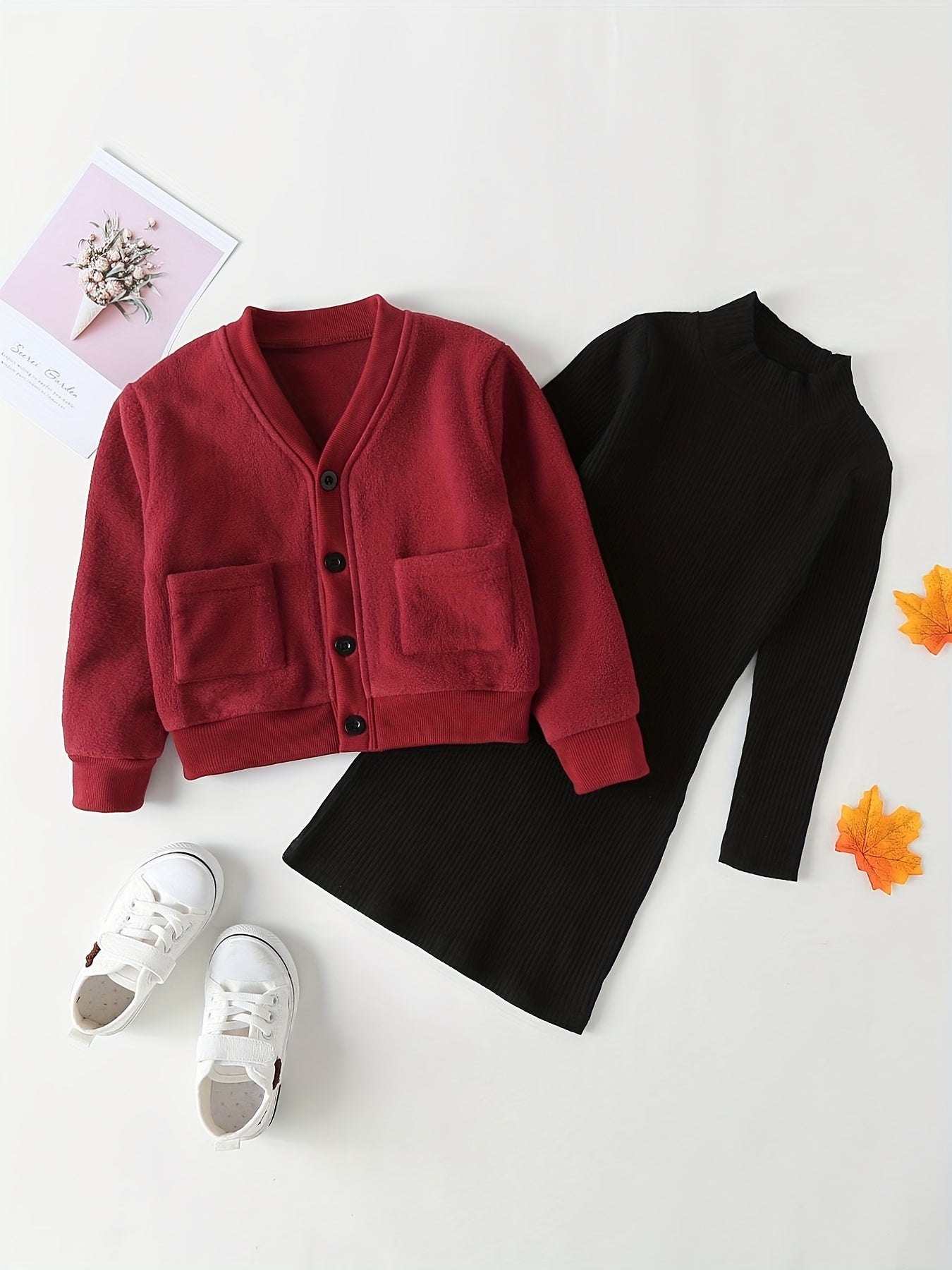 Girls Style Suit V Neck Coat With Pockets Plus Knitted Dress