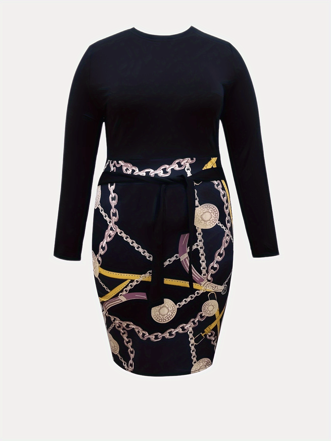 Plus Colorblock Chain Print Long Sleeve Round Neck Bodycon Dress
