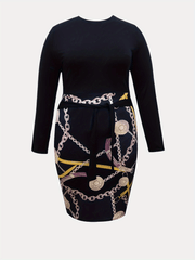 Plus Colorblock Chain Print Long Sleeve Round Neck Bodycon Dress