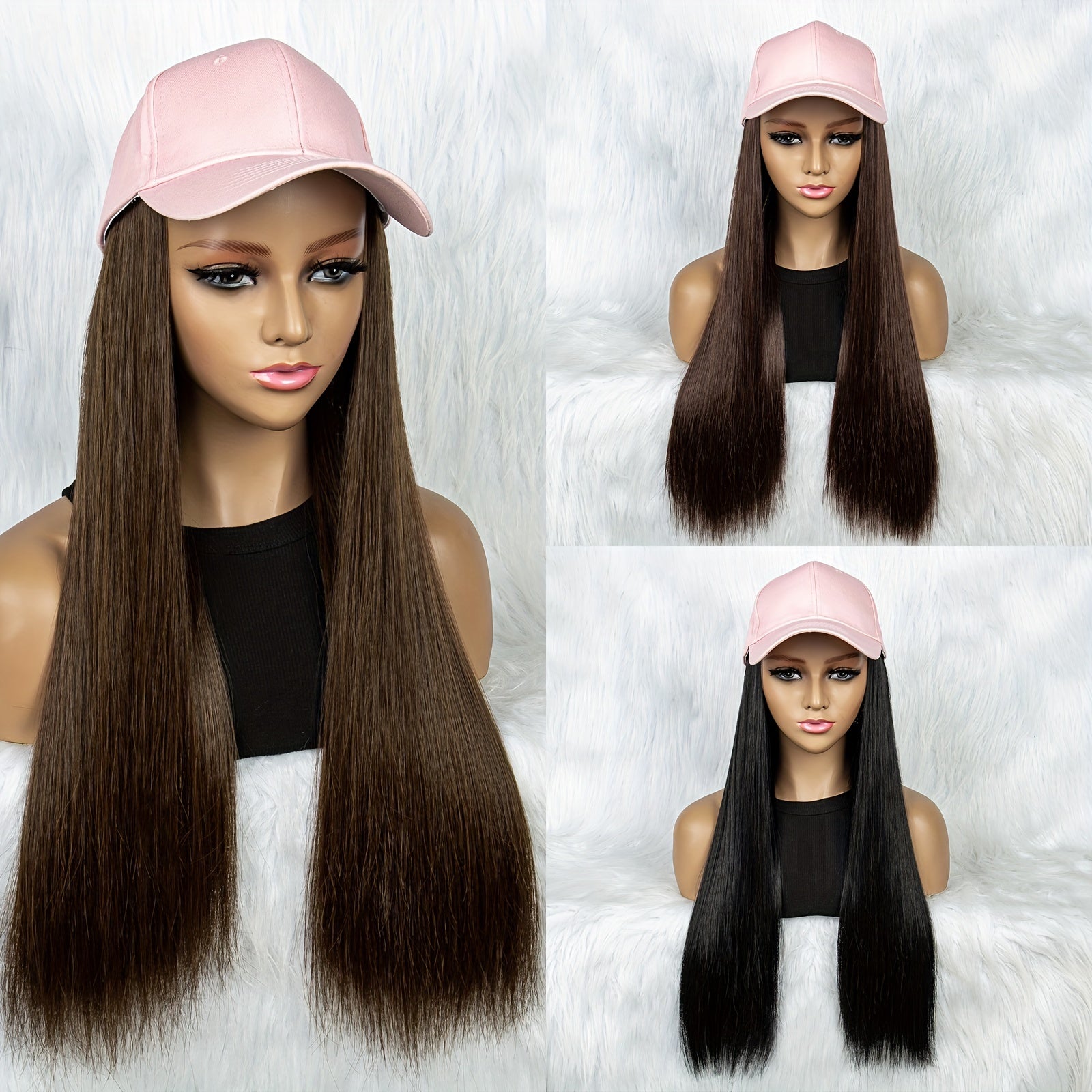 Long Synthetic Hair Wigs With Hats for Women - Pink Baseball Cap Wigs 55 88 Cm