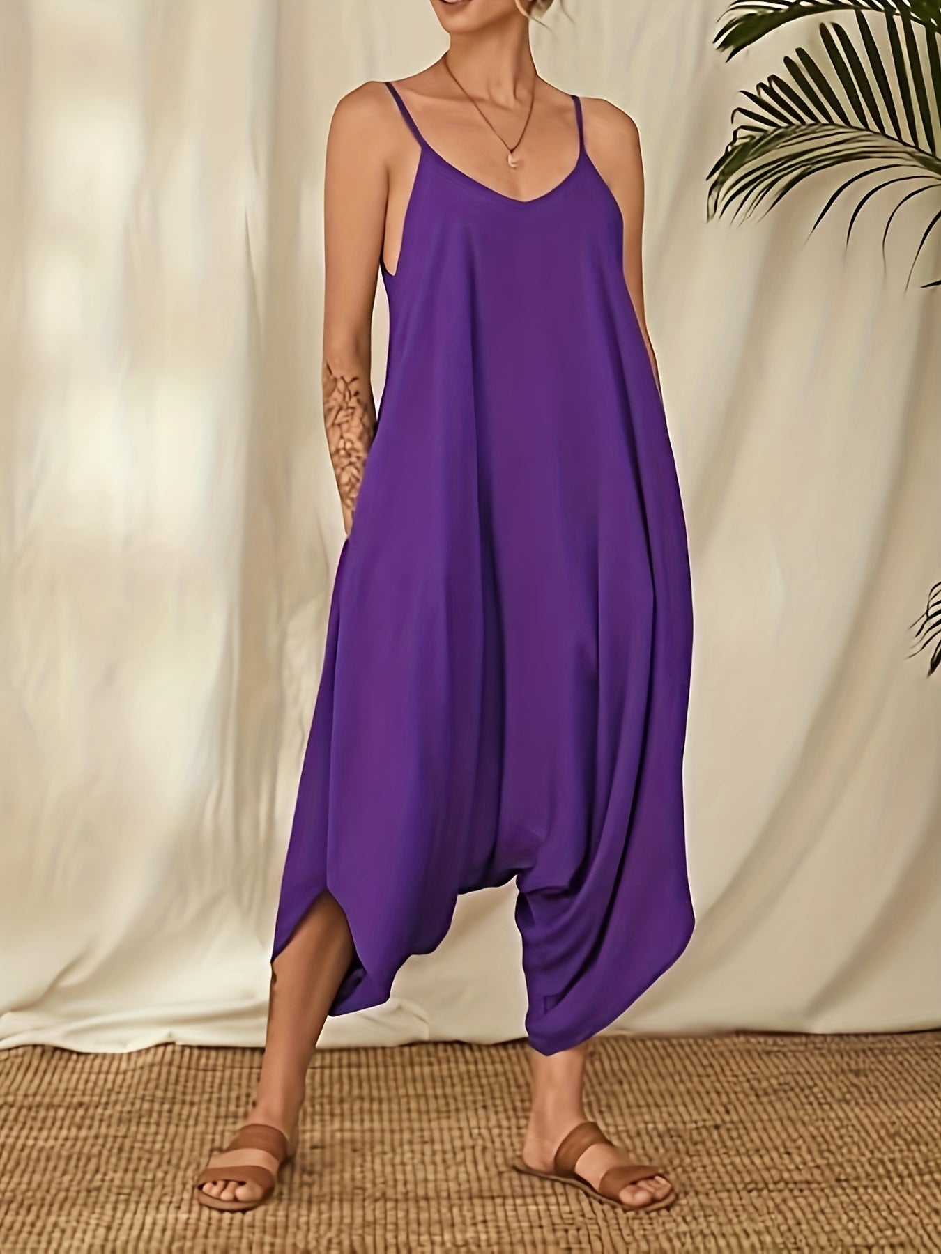  Solid V Neck Cami Jumpsuit With Pockets