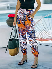  Tropical Print Drawstring Jogger Trousers with Pockets