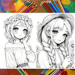 Anime Flower Beauty Coloring Book for Adults - 22 Pages