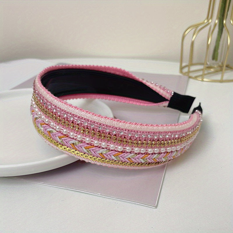 Boho Rhinestone Pearl Knitted Headband Sequin Hair Accessory