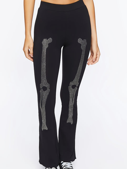  Halloween Goth Leggings Rhinestone Skull Print Flare Leggin