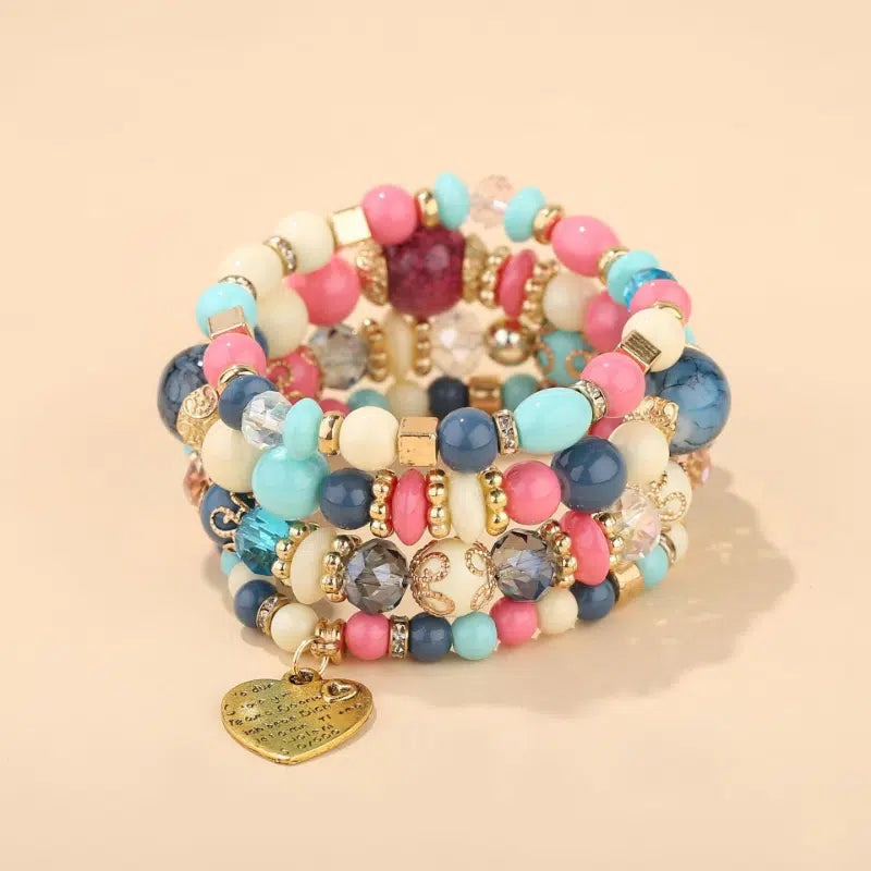 Heart Charm Bead Layered Bracelet Set Vintage Jewelry Gift