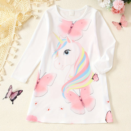 Unicorn Tee Dress Toddler Girls Long Sleeve Party Nightgown