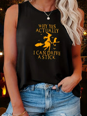  Halloween Tank Top Women's Plus Witch Print Round Neck Tank Top