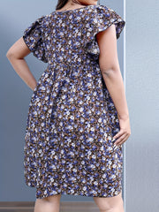  Boho Dress Women's Plus Ditsy Floral Print Ruffled Cap Sleeve Dress