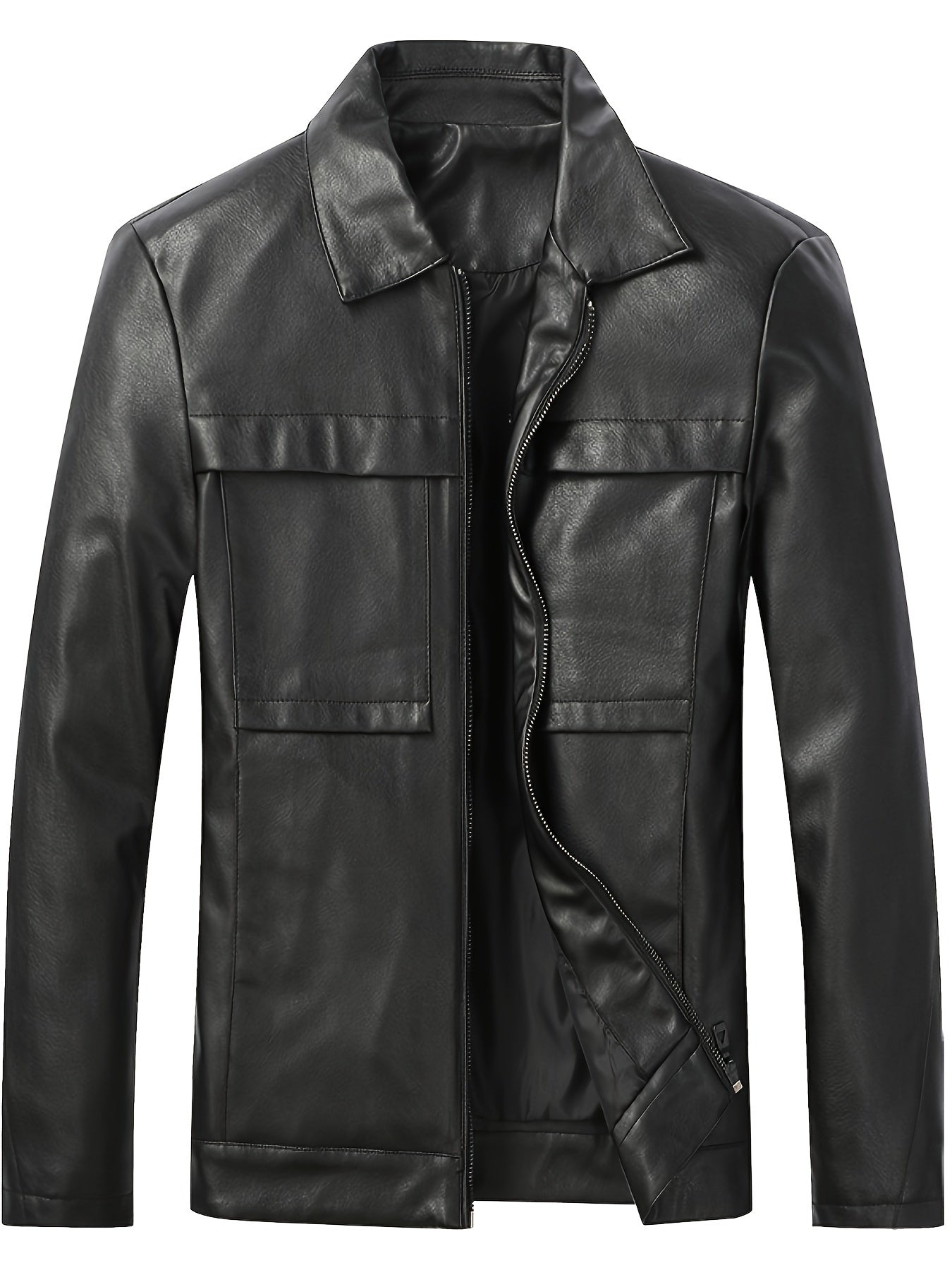 Men's Stylish PU Leather Jacket Casual Zip Up Long Sleeve Jacket