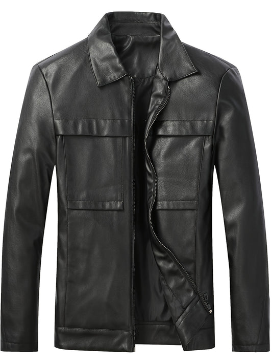 Men's Stylish PU Leather Jacket Casual Zip Up Long Sleeve Jacket