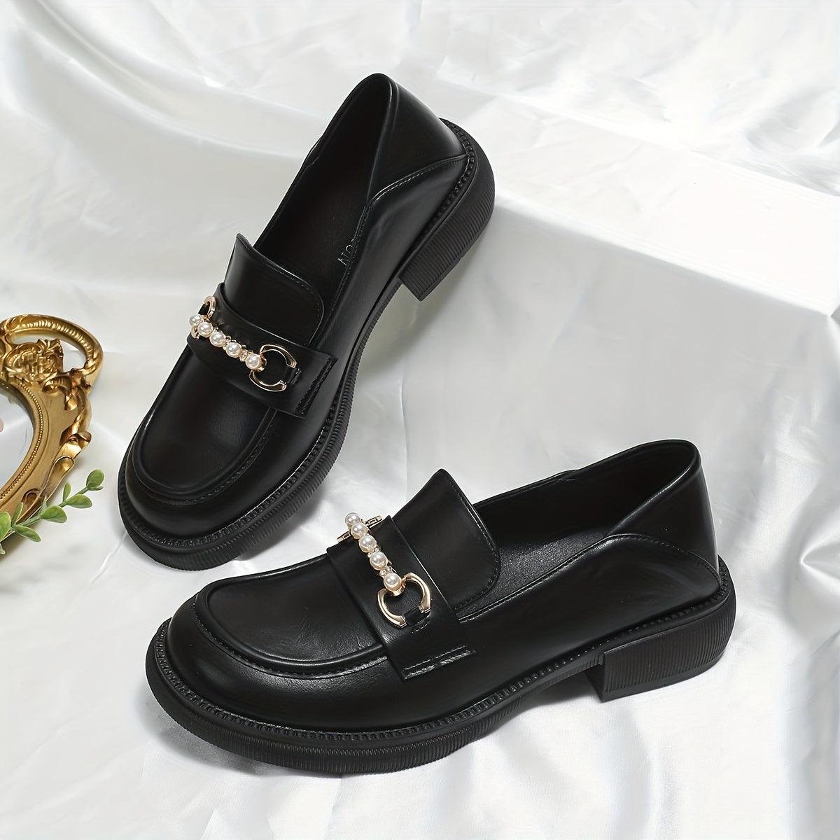 Women's Faux Pearl Loafers Slip On Chunky Shoes