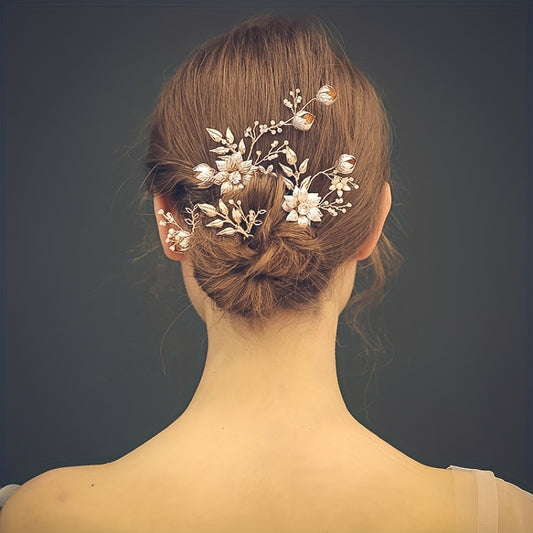 Alloy Flower Golden Hair Pin Inlaid Faux Pearl U shaped Hairpin Ponytail Holder