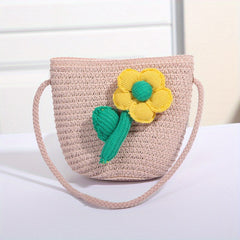 Kids Flower Decor Coin Purse Straw Woven Crossbody Bag