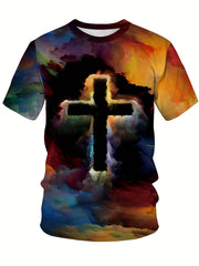 Cross 3D Digital Pattern Men's Graphic T-shirt Casual Tee Short Sleeve Top