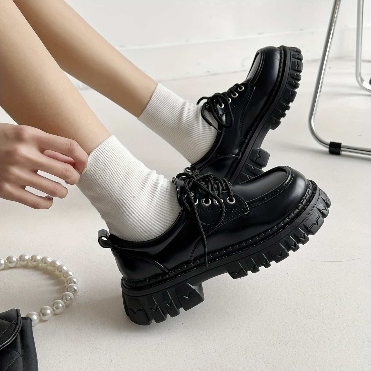 Women's Platform Oxfords Lace Up Chunky Heels Casual Shoes