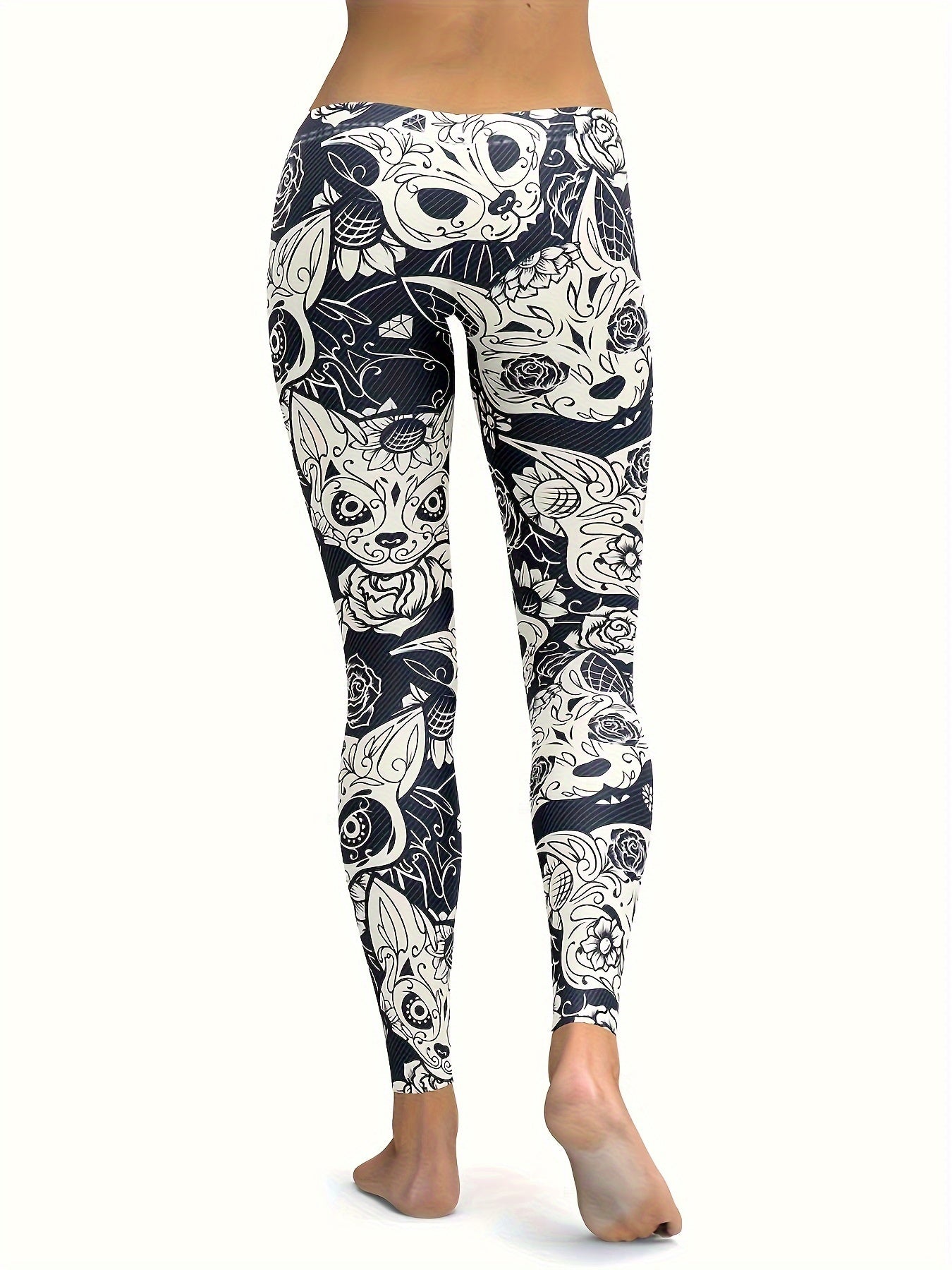  Abstract Cat & Floral Print High Stretch Yoga Leggings