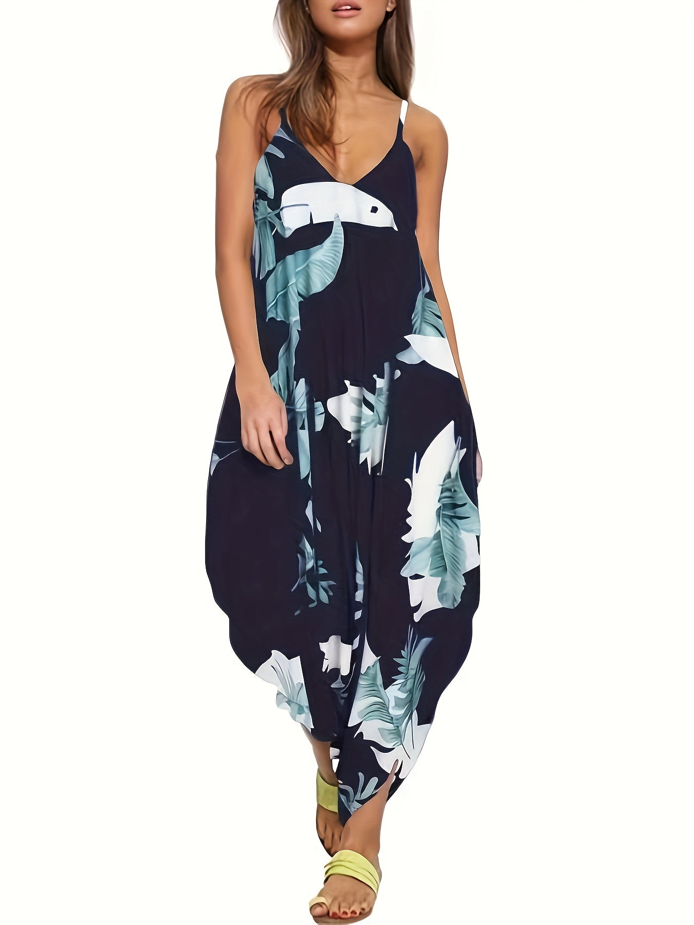  Tropical Print V Neck Cami Jumpsuit