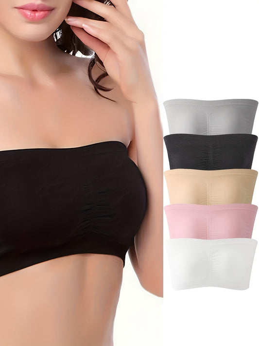 5 Pack Plus Size Tube Bra Set, High Stretch, Wireless, Removable Padding