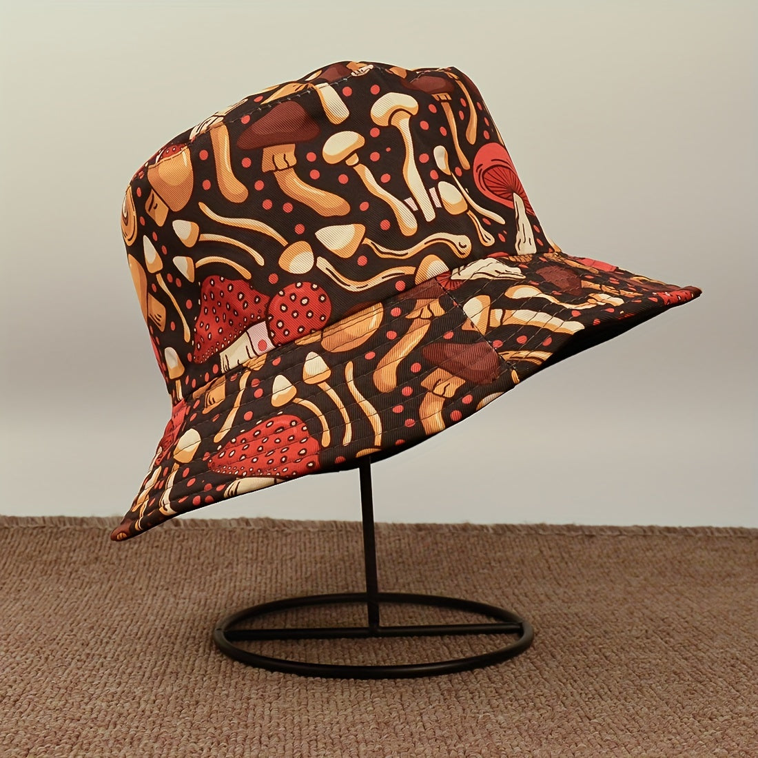 Foldable Sunshade Bucket Hat Mushroom Print Double Sided Sun Hat
