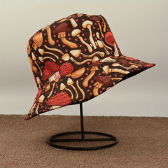 Foldable Sunshade Bucket Hat Mushroom Print Double Sided Sun Hat