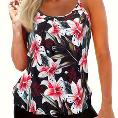  Floral Ribbed Tank Top & Solid Shorts Swimsuit Set
